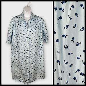 National Large Blue Floral Snap Front House Dress Coat Robe Lightweight Cotton